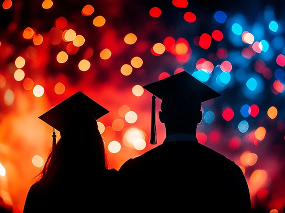 silhouette of two graduates with yellow, red and blue lights in background