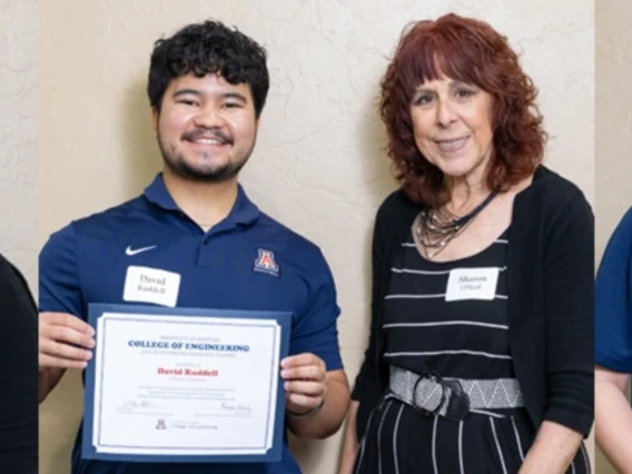 three photos, each of student holding certificate, standing next to professor