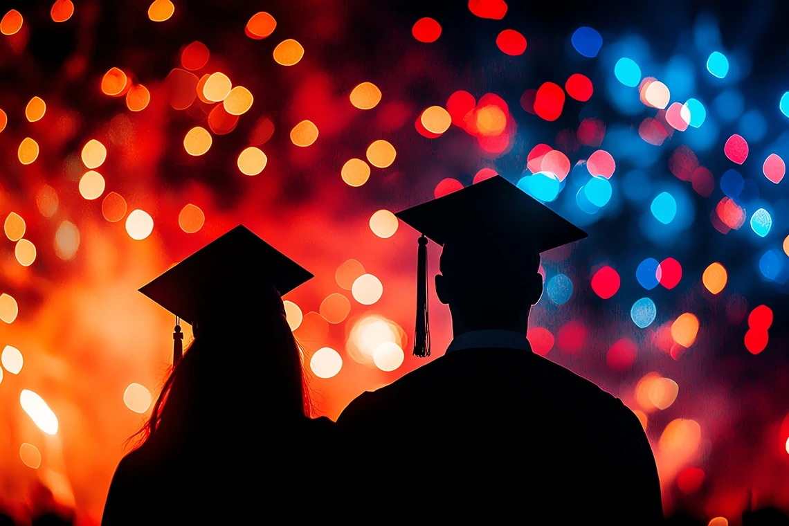 silhouette of two graduates with yellow, red and blue lights in background