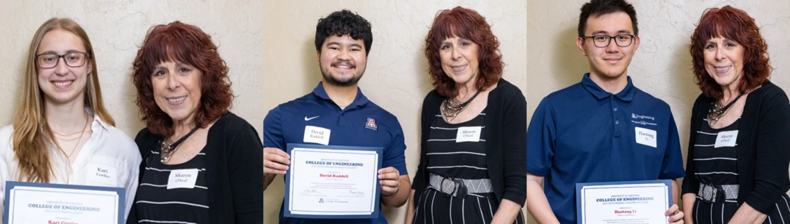 three photos, each of student holding certificate, standing next to professor