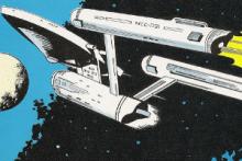 A comic book image of the Starship Enterprise from the original Star Trek series.