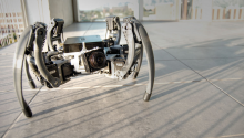 A four-legged, spider-shaped robot with a camera on the front stands on concrete