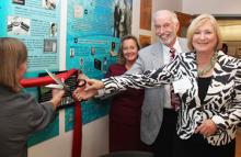 From left, Thomas R. Brown Foundation trustees Sarah Brown Smallhouse and Mary Brown Bernal, retired Burr-Brown engineer Paul Prazak, and UA President Ann Weaver Hart cut the ribbon. (UA College of Engineering photo/Pete Brown.)