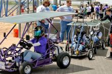 Solar go-karts head for the track at the 2015 race day held April 25 at Musselman Honda Circuit in Tucson, Arizona.