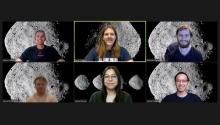 Screenshot of students on an online video call, each with the asteroid Bennu set as their background.