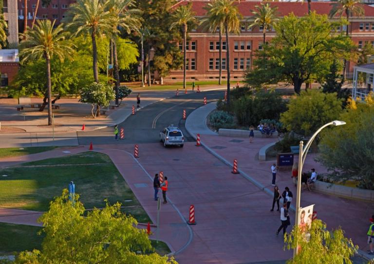 The driving course outside of Old Main used for the self-driving cars designed during the CAT Vehicle Competition on April 23. 