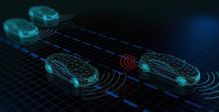 A computer-generated wire drawing depicts four cars communicating with each other through signal waves.