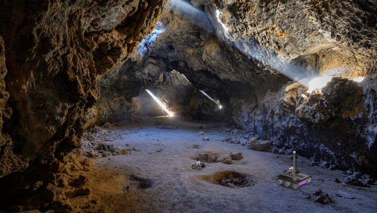 In this artist's impression of the breadcrumb scenario, autonomous rovers can be seen exploring a lava tube.